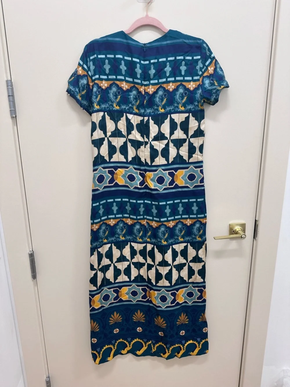 La DoubleJ Geometric Print Silk Swing Dress Small Green - Picture 4 of 11